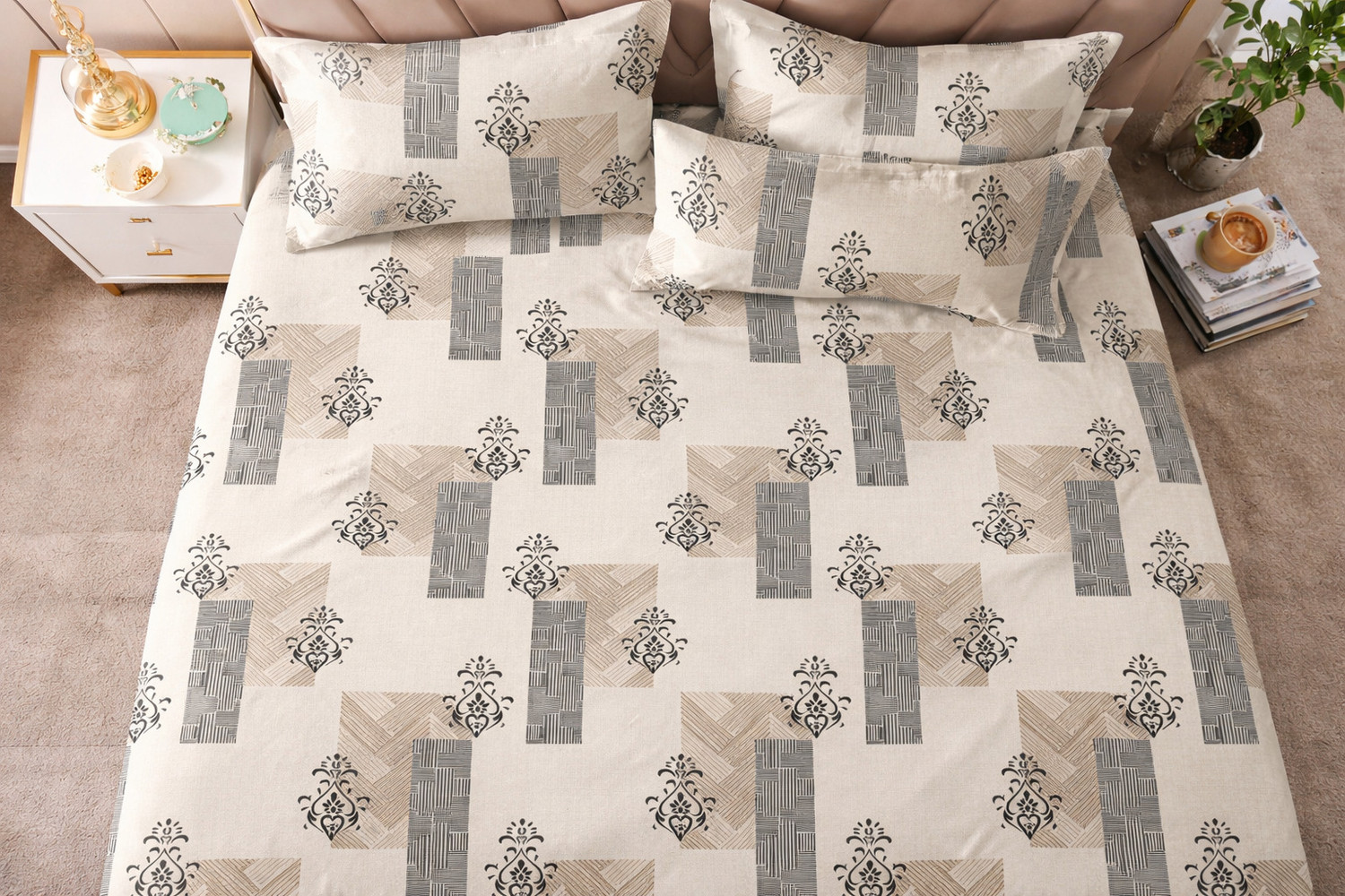 Image of PROZONE Cotton King Flat 280 TC Printed 1 Bedsheet (CREAM BEIGE)