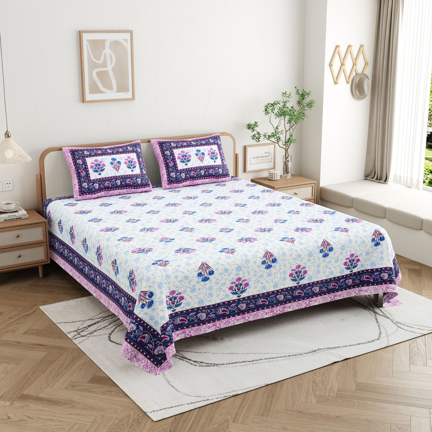 Image of elanorhomes Cotton King Flat 240 TC Printed 1 Bedsheet with 2 Pillow Covers (Flying Petals)