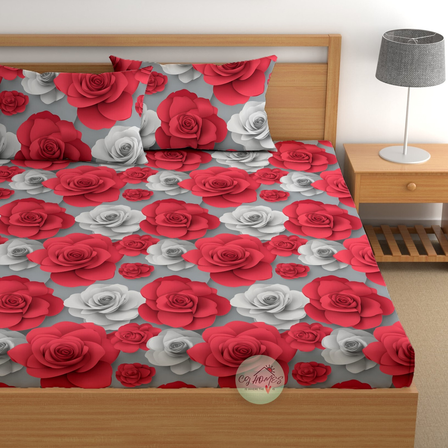 Image of CG Homes Cotton Double Flat 180 TC Printed 1 Bedsheet (Red & Grey)