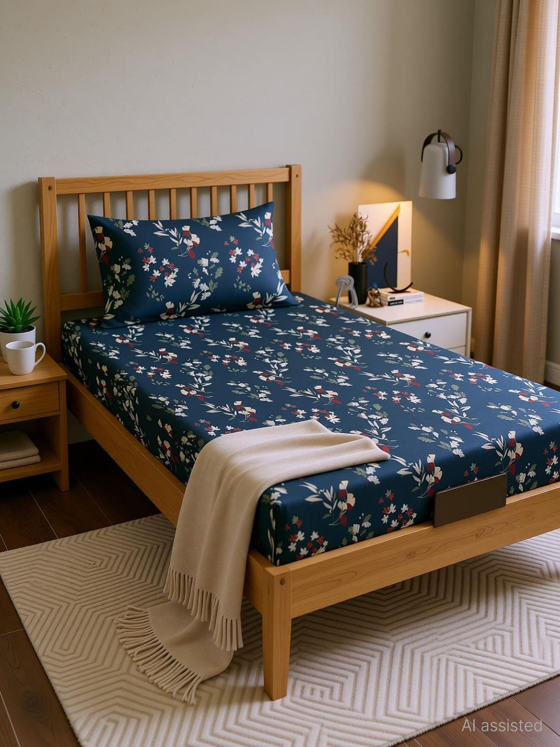 Image of LUMORA NEST Cotton Double Flat 300 TC Printed 1 Bedsheet with 2 Pillow Covers (Blue, Green)