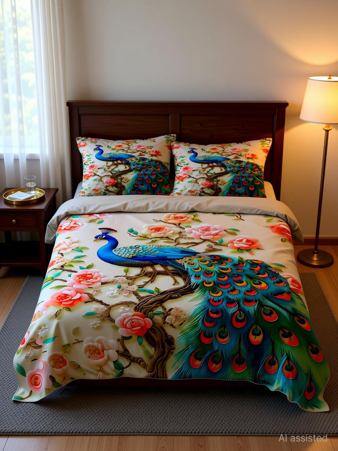Image of Fabinaliv Polycotton King Flat 300 TC Printed 1 Bedsheet with 2 Pillow Covers (Dark Blue)