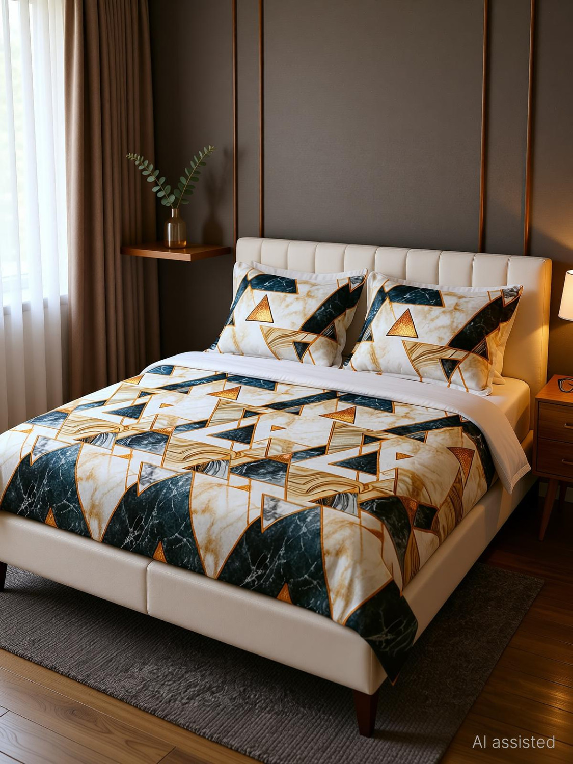 Image of Bunkin Polycotton Double Flat 220 TC 3D Printed 1 Bedsheet with 2 Pillow Covers, 2 Cushion Covers (5 PCS SET CLOSIC ZIGZAG)