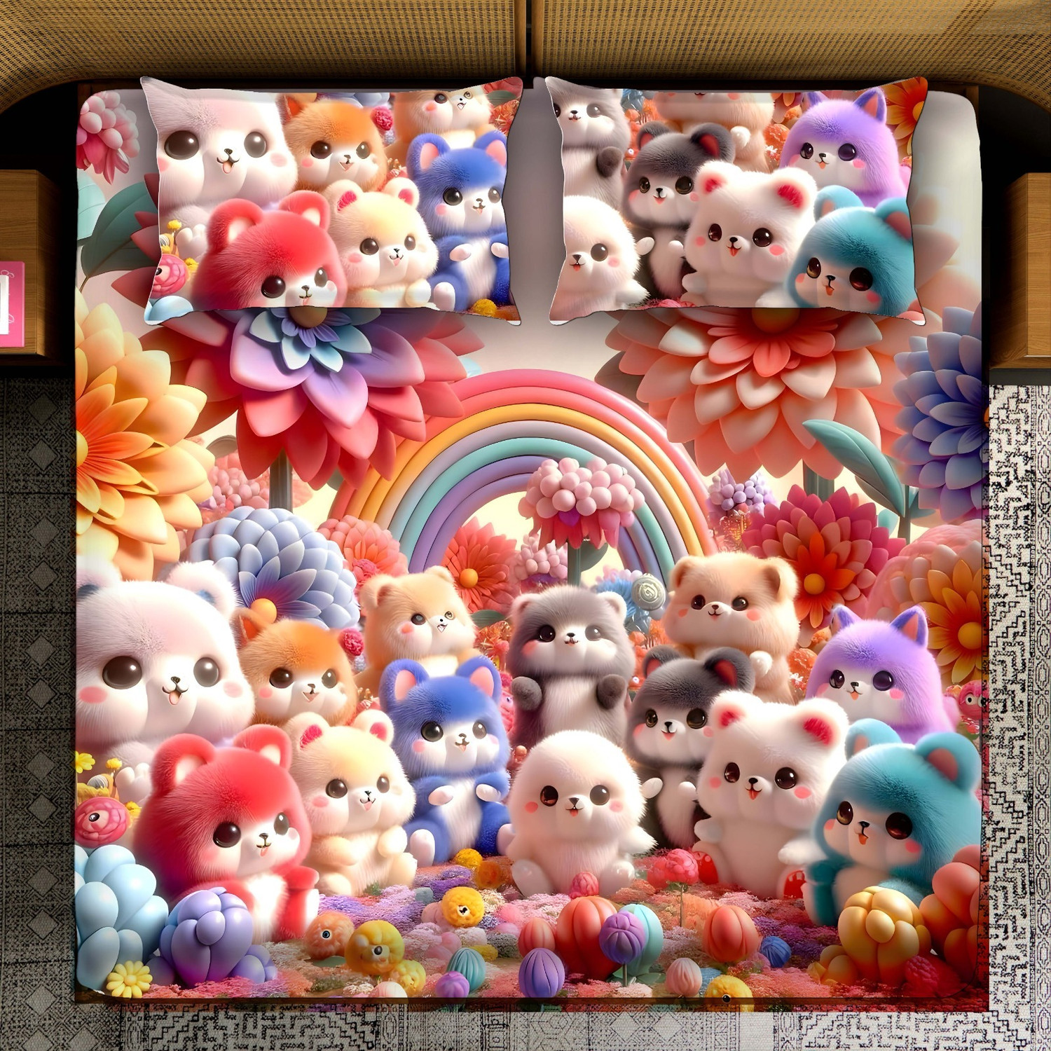 Image of KURRY HOME FURNISHING Microfiber Double Flat 250 TC Floral 1 AC Bedsheet with 2 Pillow Covers, 1 Cushion Covers (Royal Blue)