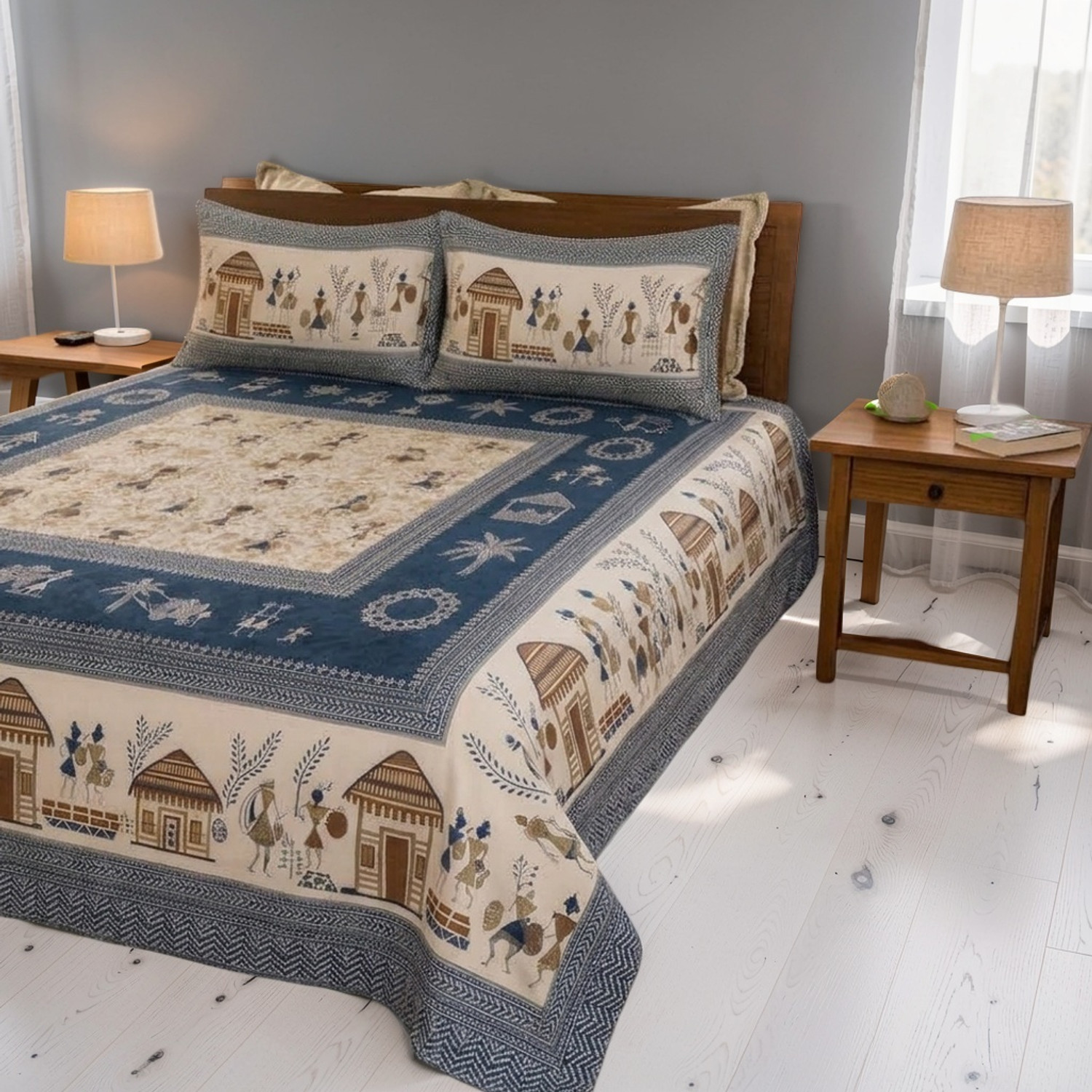Image of KURRY HOME FURNISHING Cotton Super King Flat 250 TC Printed 1 Bedsheet with 2 Pillow Covers (Purple)