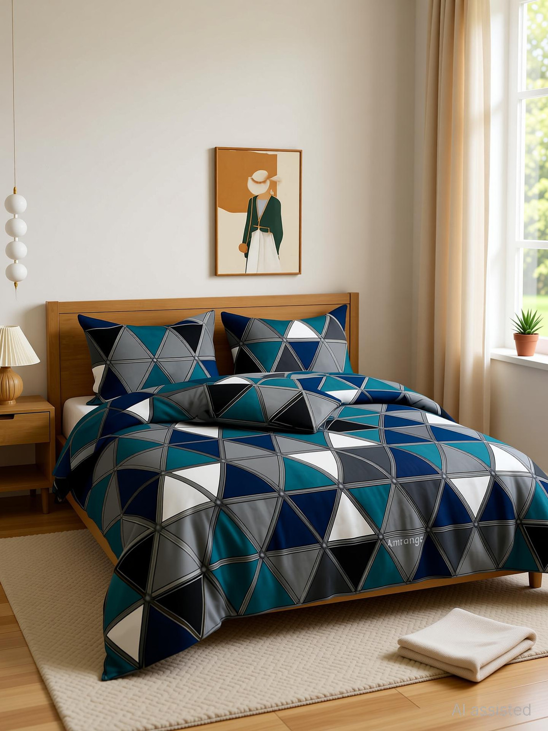 Image of LUMORA NEST Cotton Double Flat 300 TC Printed 1 Bedsheet with 2 Pillow Covers (Blue, Green)