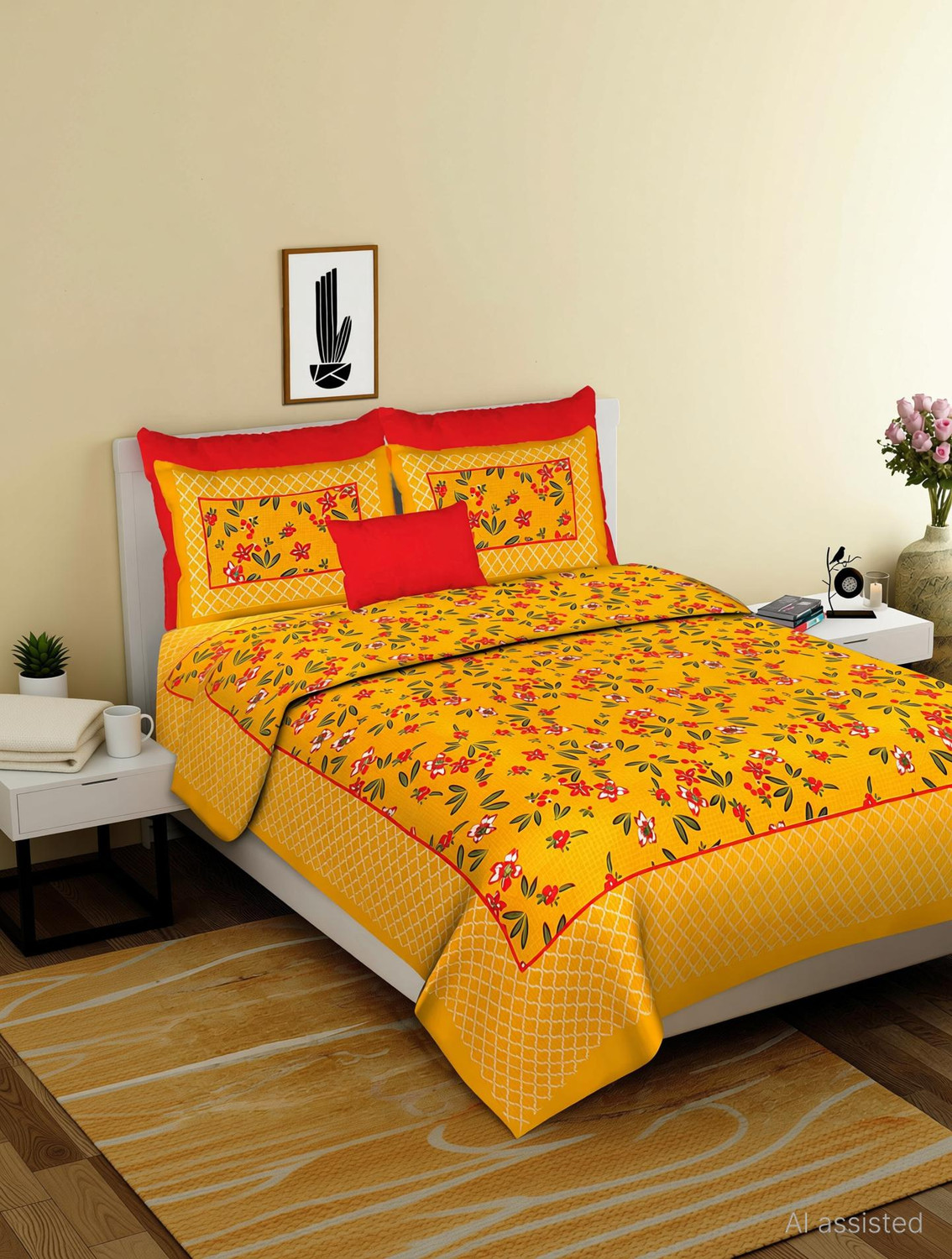 Image of Cosito Cotton Double Flat 144 TC Jaipuri Prints 1 Bedsheet with 2 Pillow Covers (Red)