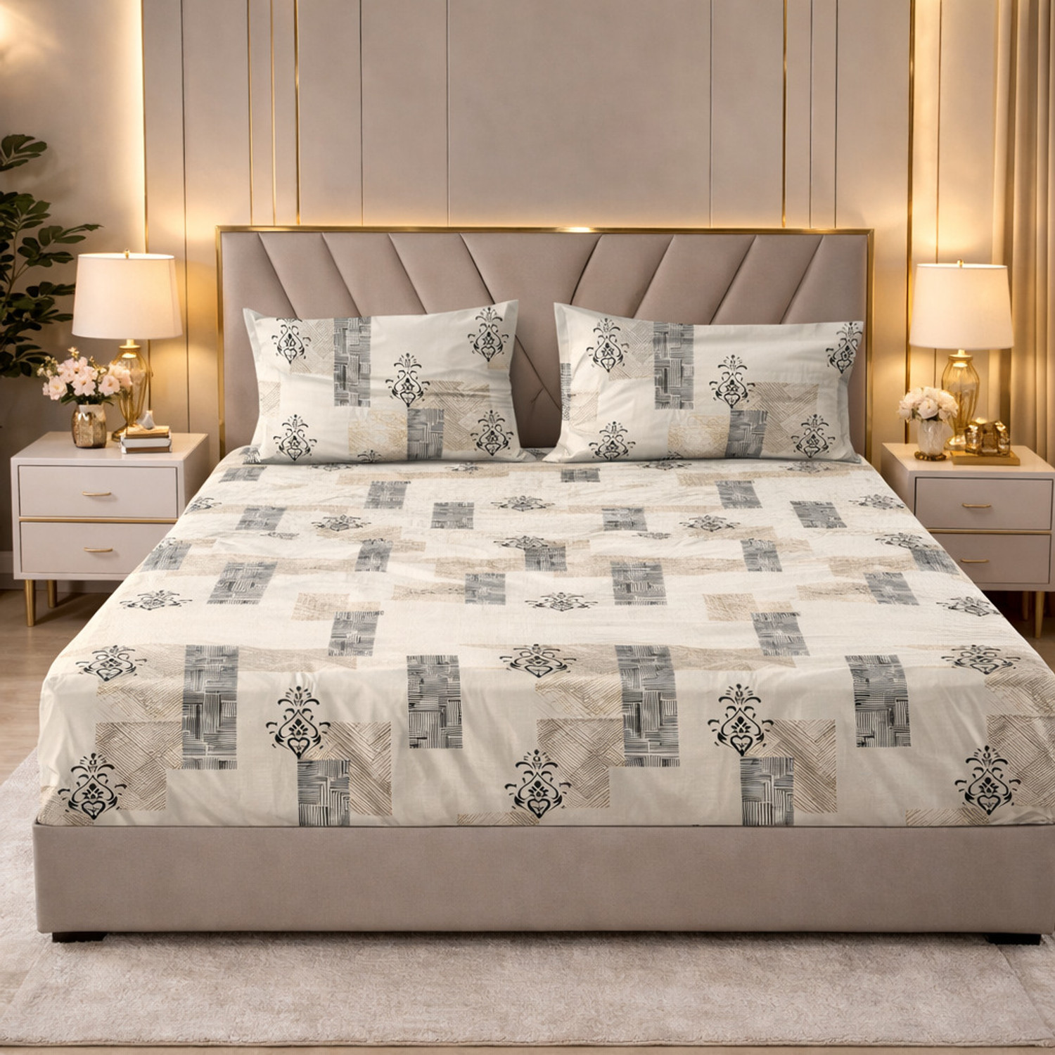 Image of PROZONE Cotton King Flat 280 TC Printed 1 Bedsheet (CREAM BEIGE)