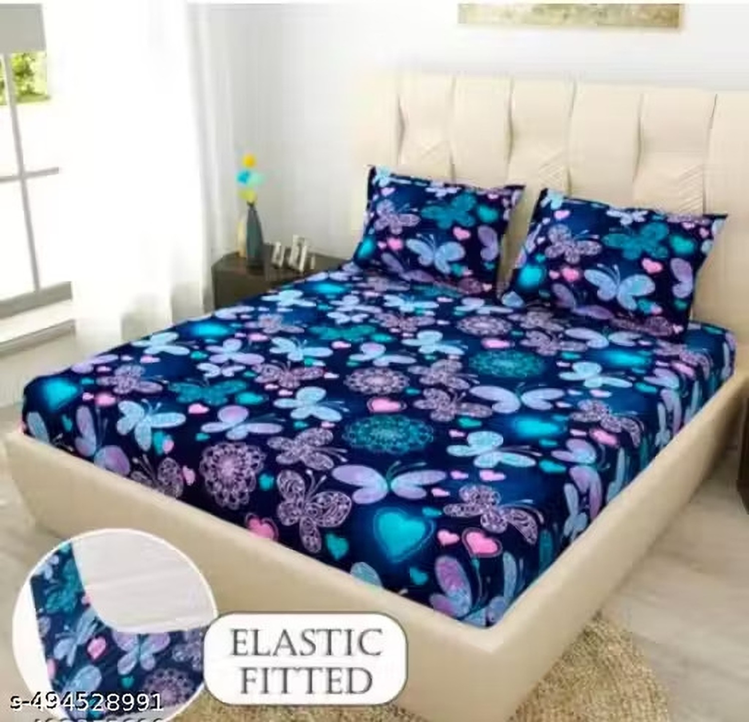 Image of DECORWELL Polycotton Double Fitted (Elastic) 390 TC Floral 1 AC Bedsheet with 2 Pillow Covers (Blue)