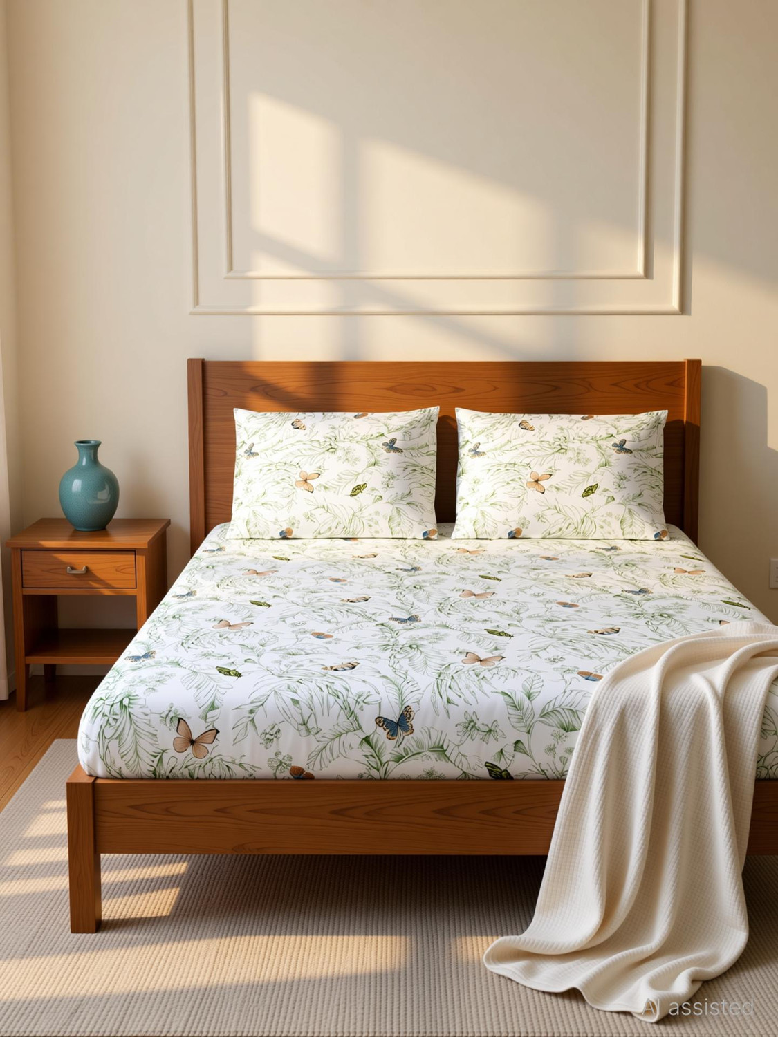 Image of haus & kinder Cotton Double Fitted (Elastic) 144 TC Printed 1 Bedsheet with 2 Pillow Covers (Nordic Palm)