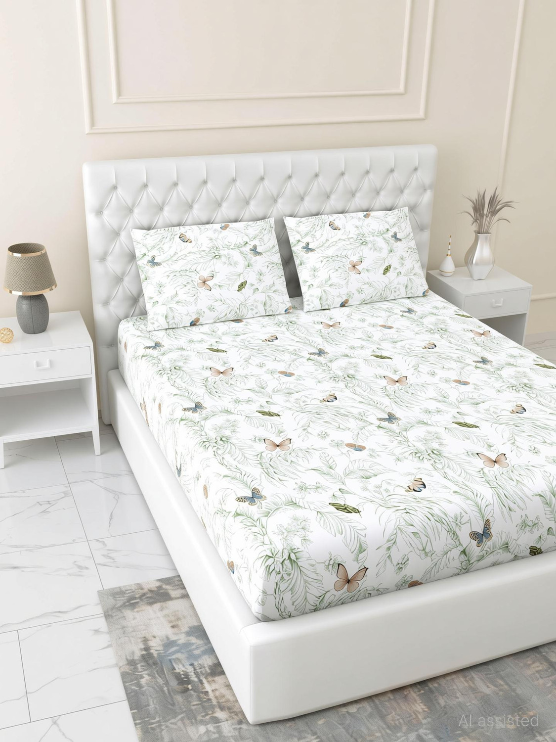 Image of haus & kinder Cotton Double Fitted (Elastic) 144 TC Printed 1 Bedsheet with 2 Pillow Covers (Nordic Palm)