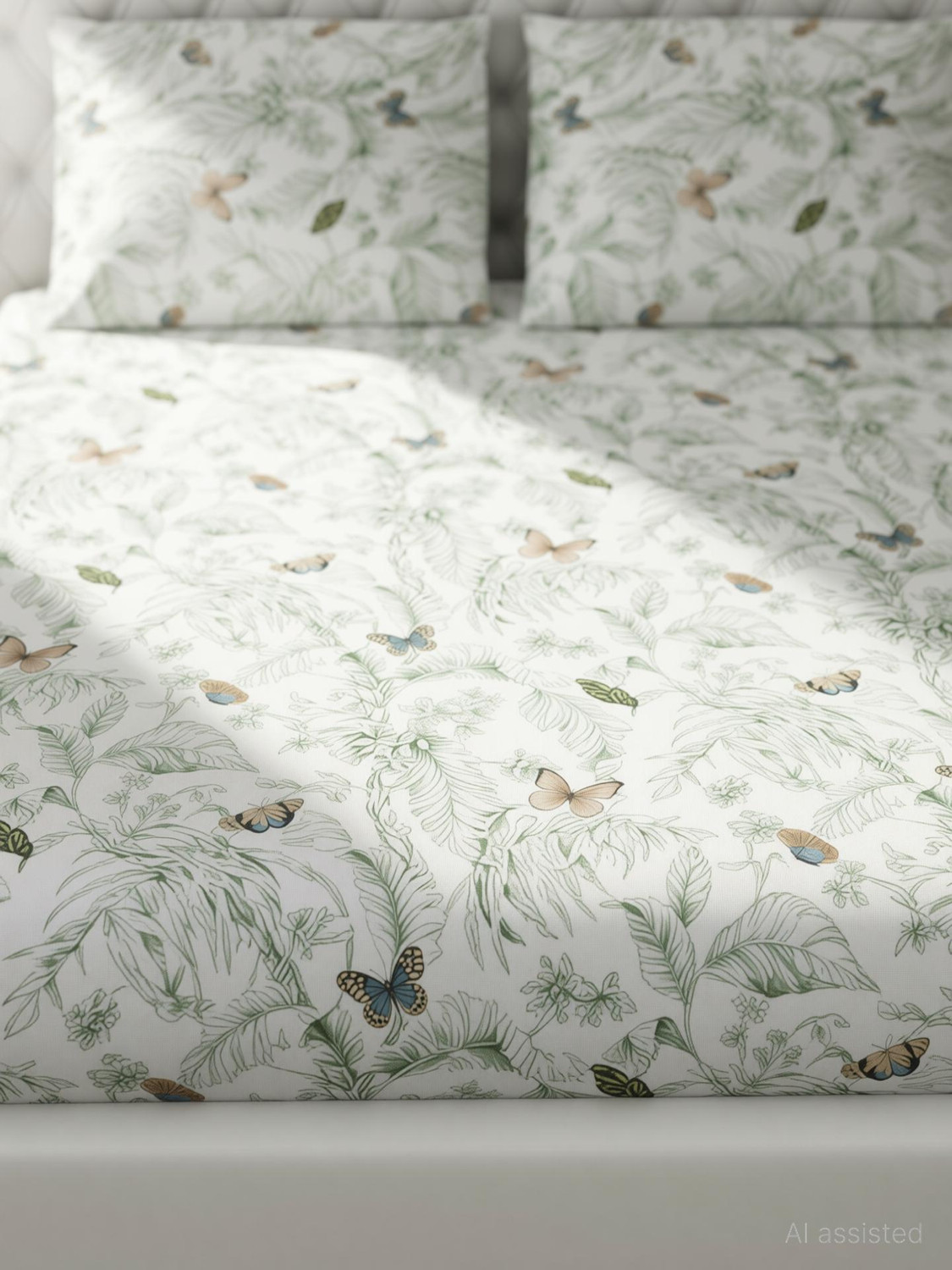 Image of haus & kinder Cotton Double Fitted (Elastic) 144 TC Printed 1 Bedsheet with 2 Pillow Covers (Nordic Palm)