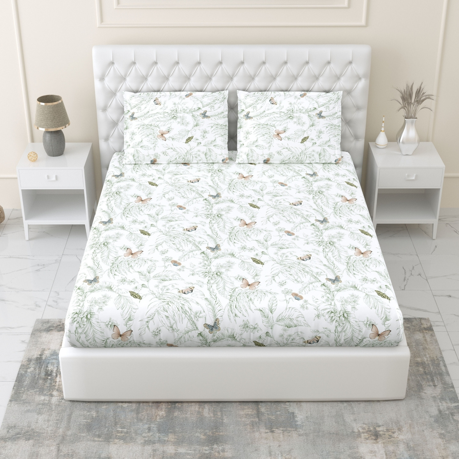 Image of haus & kinder Cotton Double Fitted (Elastic) 144 TC Printed 1 Bedsheet with 2 Pillow Covers (Nordic Palm)