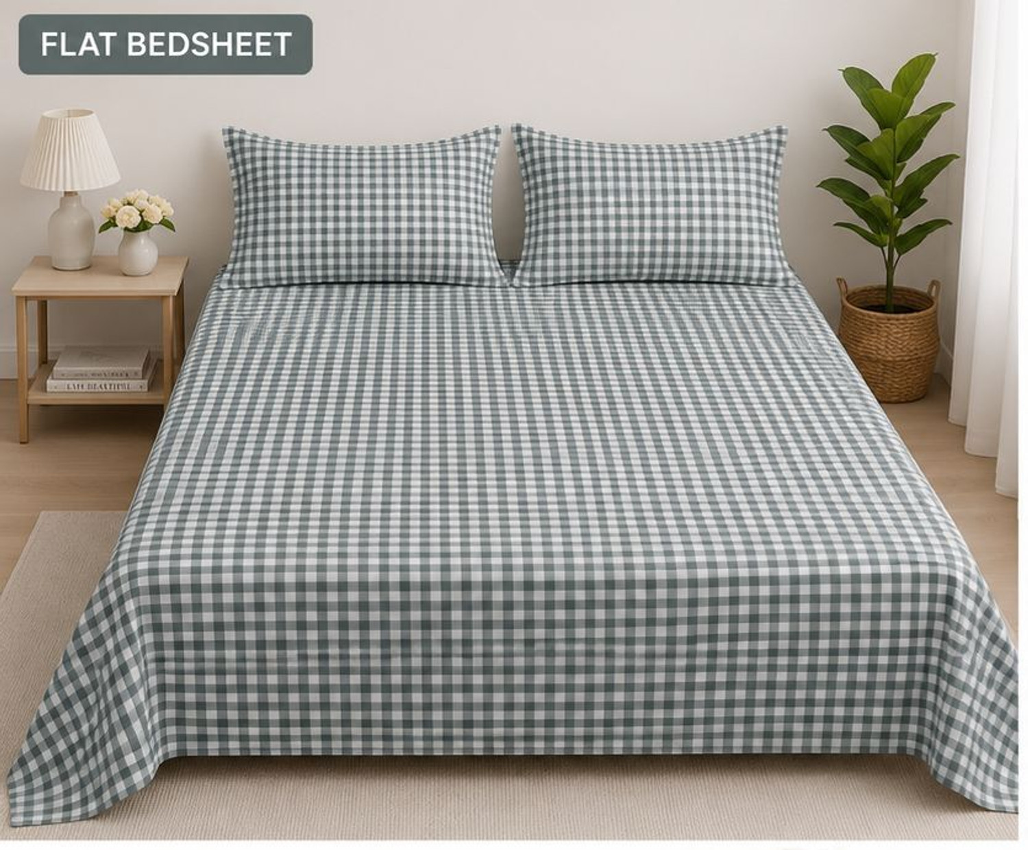 Image of N.V.A HOMES Polycotton Queen Flat 310 TC Checkered 1 Summer Bedsheet with 2 Pillow Covers (Multicolor)