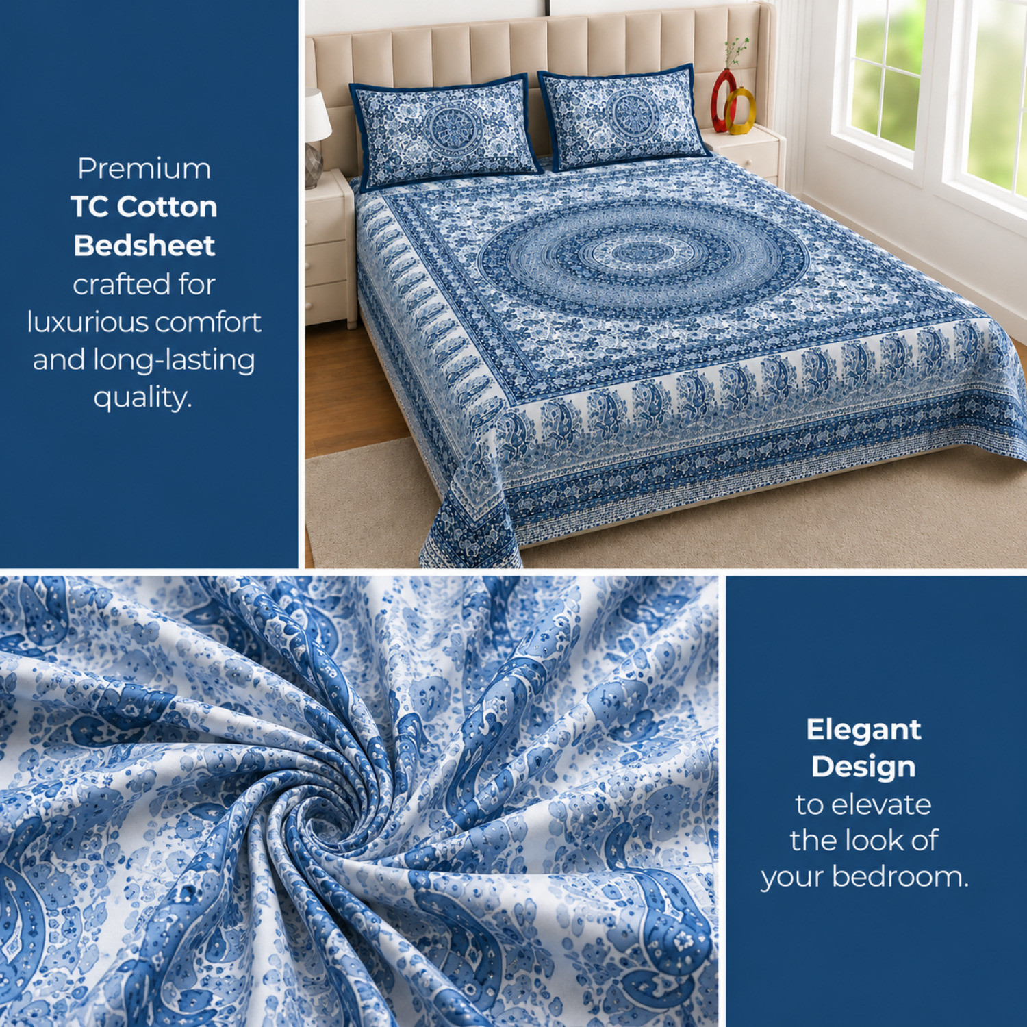 Image of KURRY HOME FURNISHING Microfiber Double Flat 250 TC Floral 1 AC Bedsheet with 2 Pillow Covers, 1 Cushion Covers (Royal Blue)