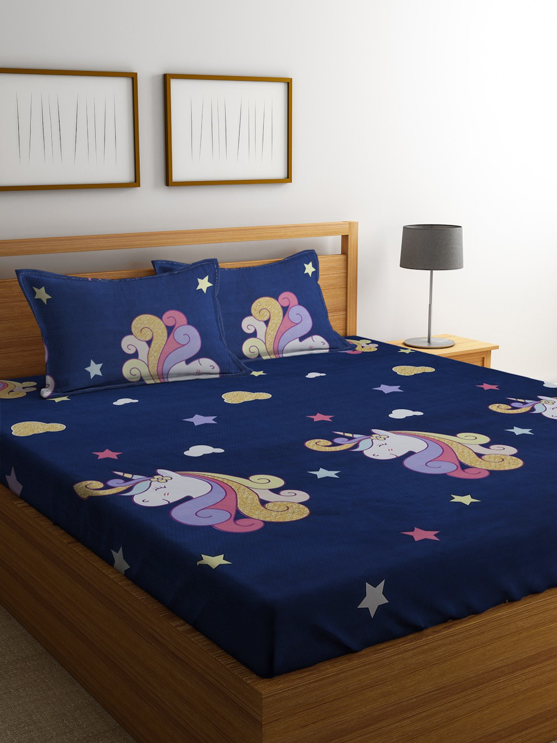 Image of Fabinaliv Polycotton King Flat 300 TC Printed 1 Bedsheet with 2 Pillow Covers (Dark Blue)