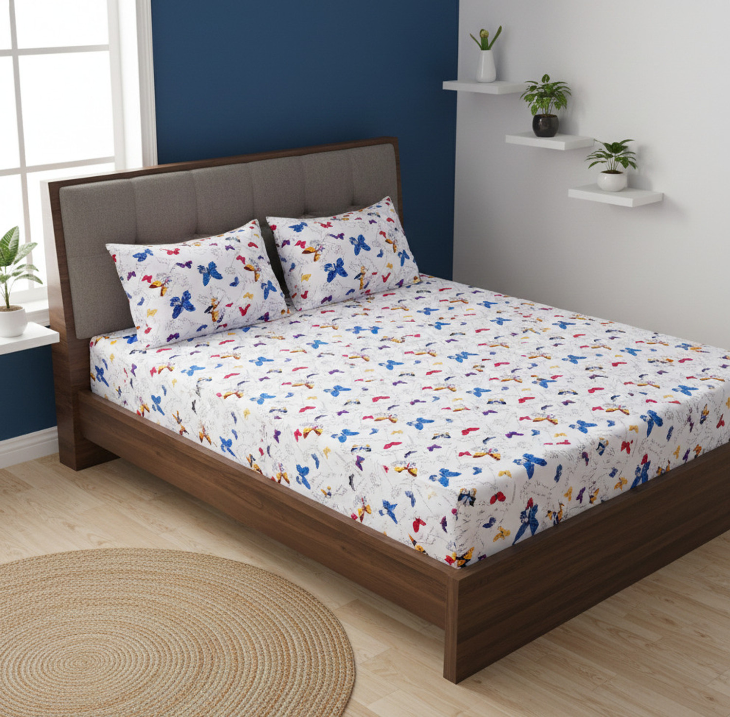 Image of KURRY HOME FURNISHING Microfiber Double Flat 250 TC Floral 1 AC Bedsheet with 2 Pillow Covers, 1 Cushion Covers (Royal Blue)