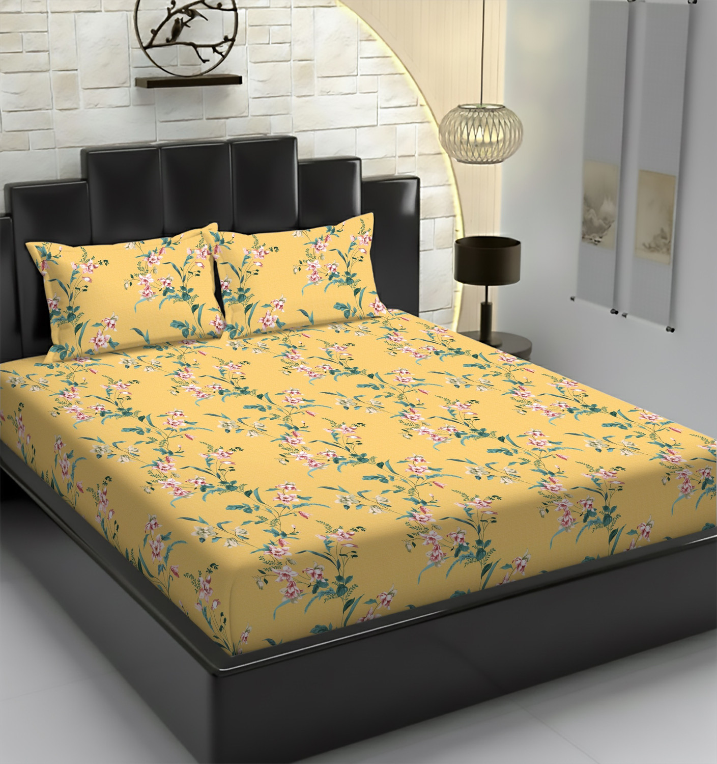 Image of KURRY HOME FURNISHING Microfiber Double Flat 250 TC Floral 1 AC Bedsheet with 2 Pillow Covers, 1 Cushion Covers (Royal Blue)