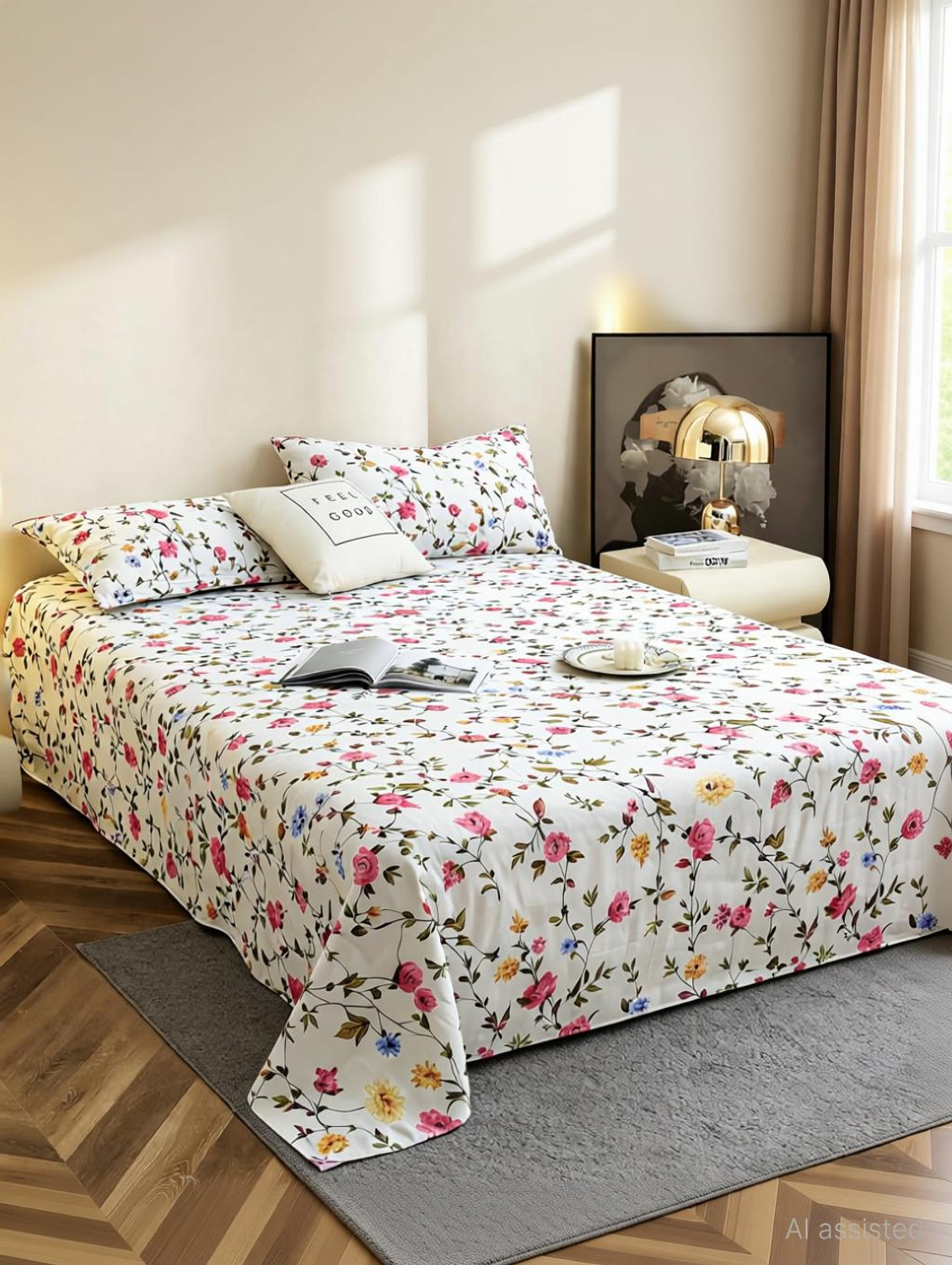 Image of Fabinaliv Polycotton King Flat 300 TC Printed 1 Bedsheet with 2 Pillow Covers (Dark Blue)