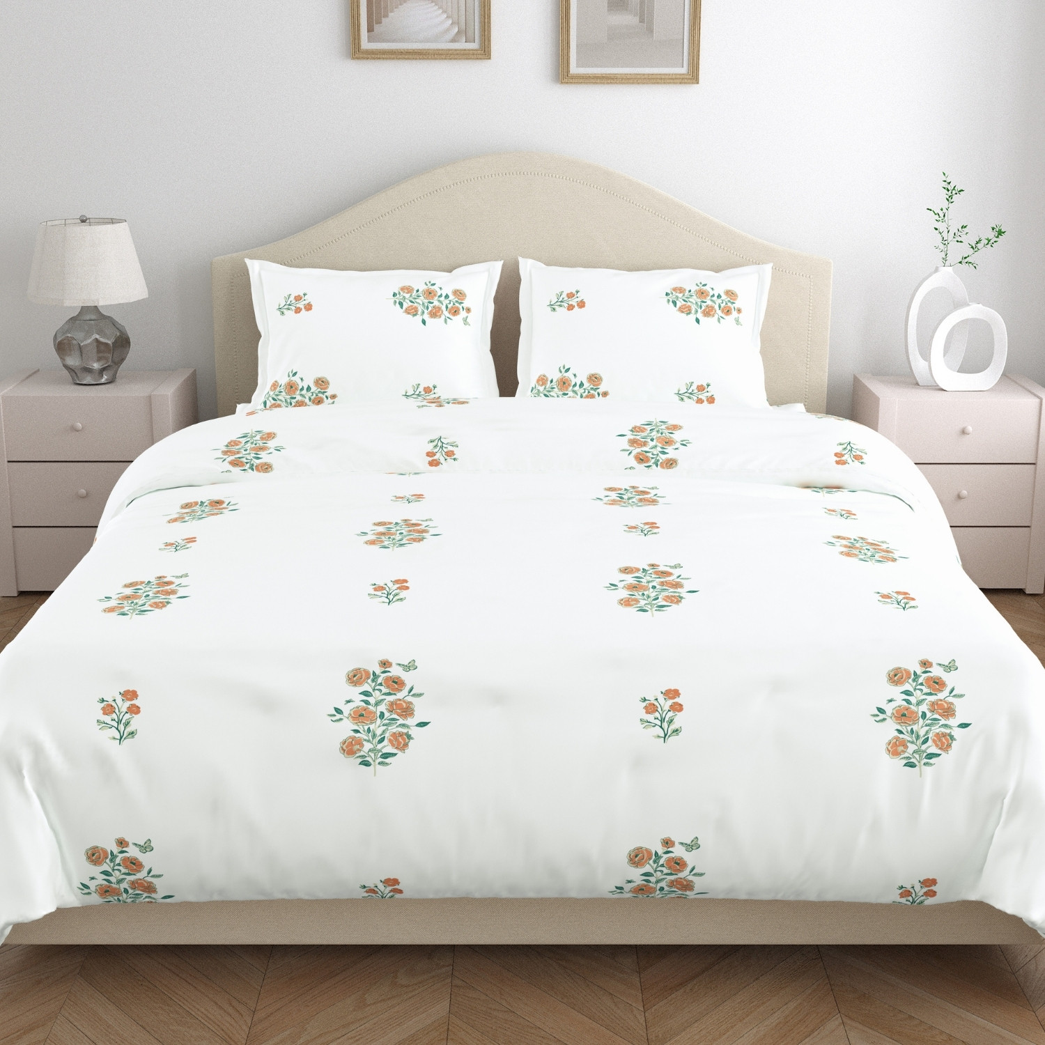 Image of haus & kinder Cotton Double Fitted (Elastic) 144 TC Printed 1 Bedsheet with 2 Pillow Covers (Nordic Palm)