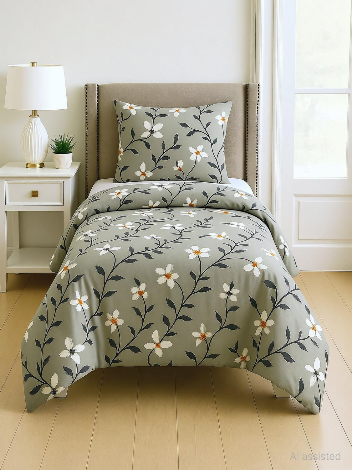 Image of LUMORA NEST Cotton Double Flat 300 TC Printed 1 Bedsheet with 2 Pillow Covers (Blue, Green)