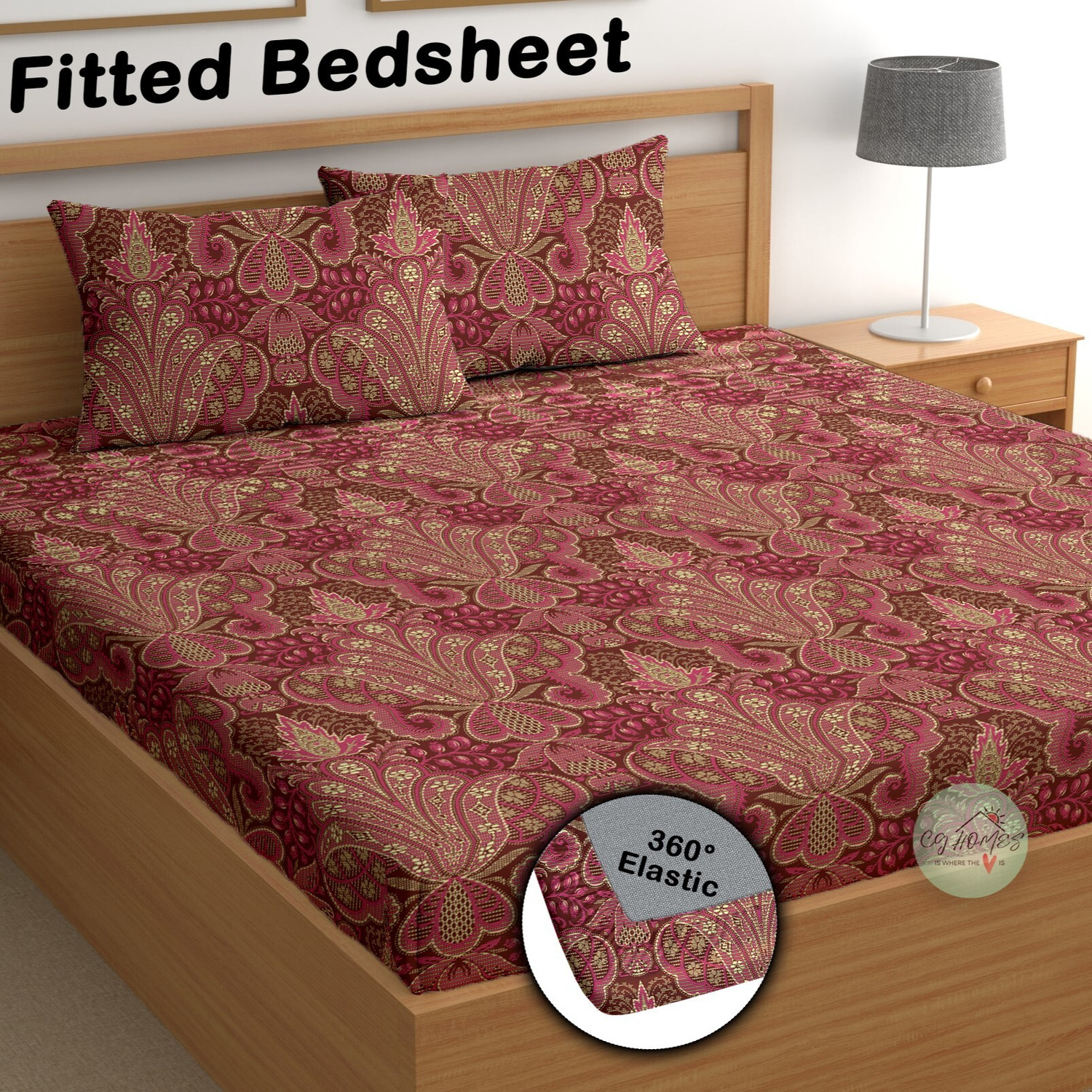 Image of CG Homes Cotton Double Flat 180 TC Printed 1 Bedsheet (Red & Grey)