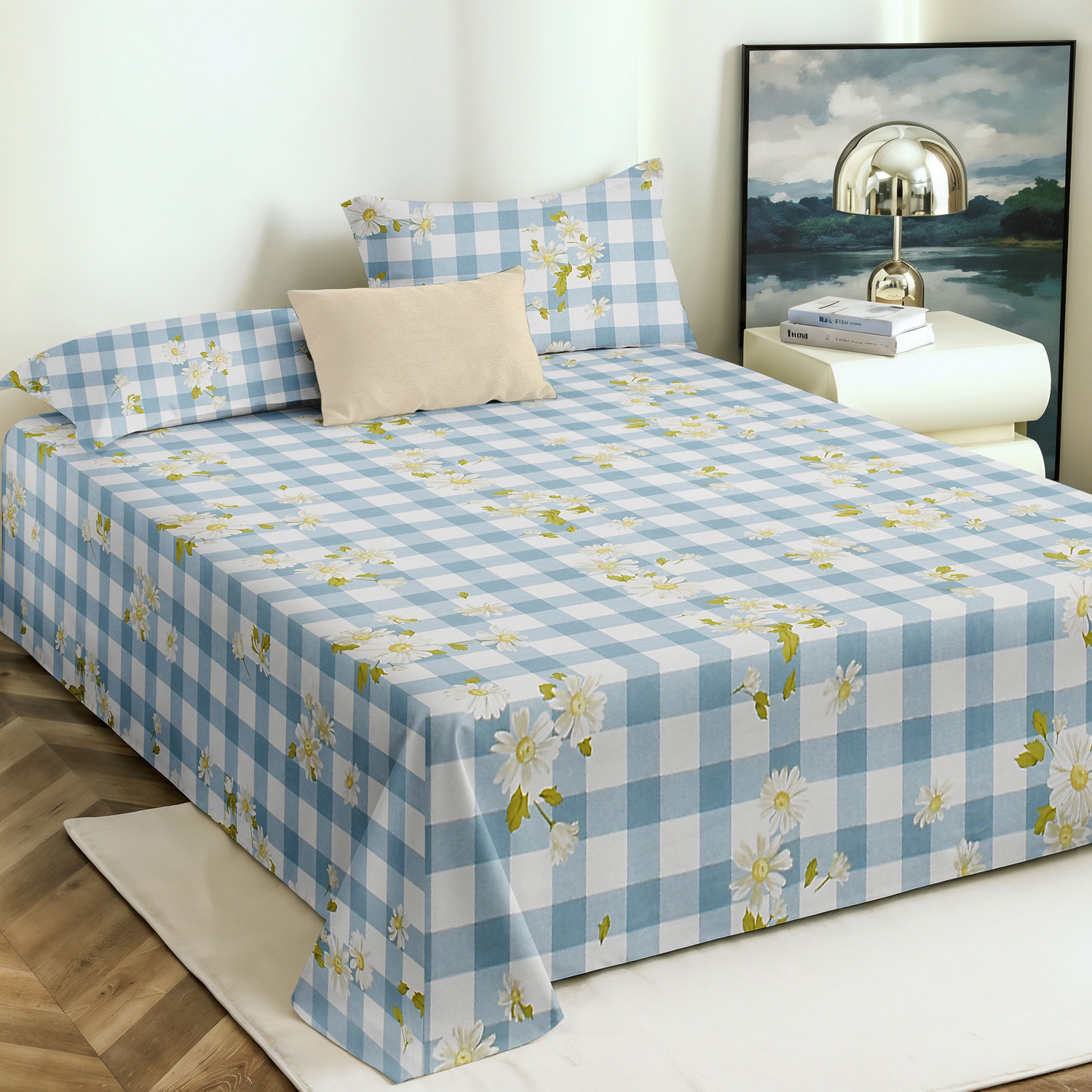 Image of N.V.A HOMES Polycotton Queen Flat 310 TC Checkered 1 Summer Bedsheet with 2 Pillow Covers (Multicolor)