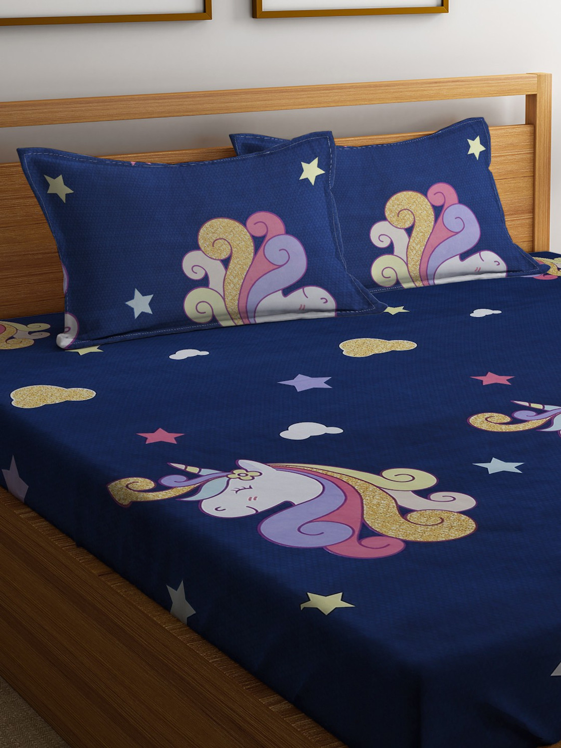 Image of Fabinaliv Polycotton King Flat 300 TC Printed 1 Bedsheet with 2 Pillow Covers (Dark Blue)