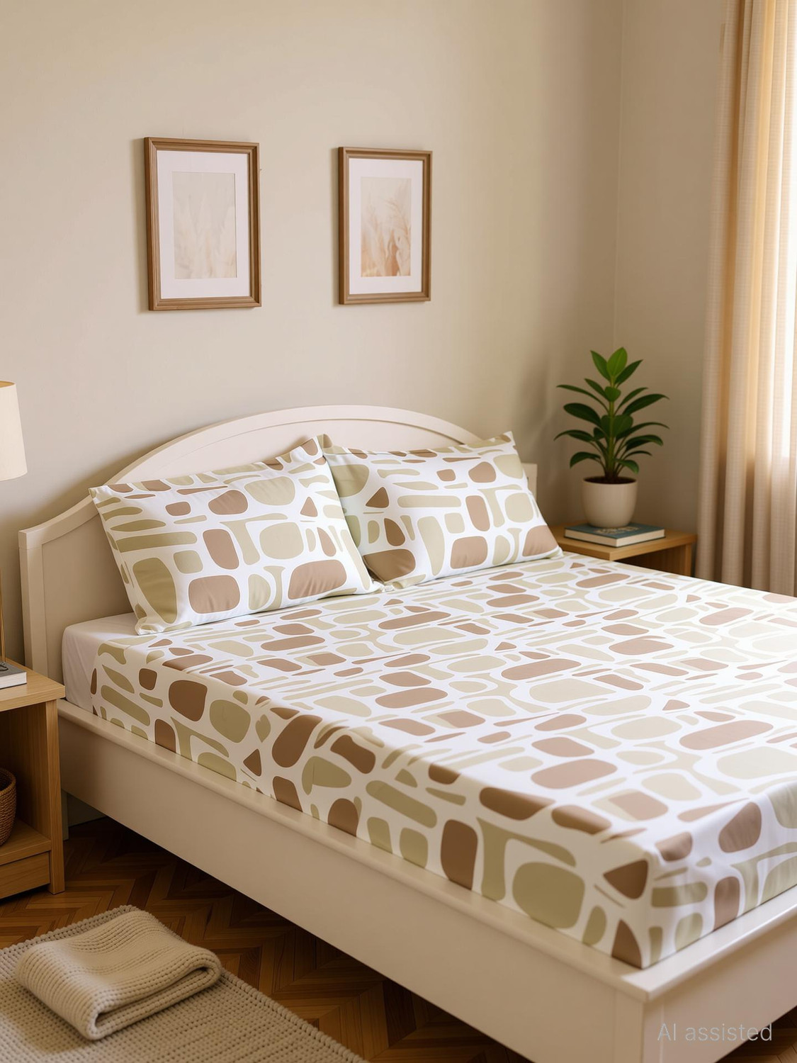 Image of haus & kinder Cotton Double Fitted (Elastic) 144 TC Printed 1 Bedsheet with 2 Pillow Covers (Nordic Palm)