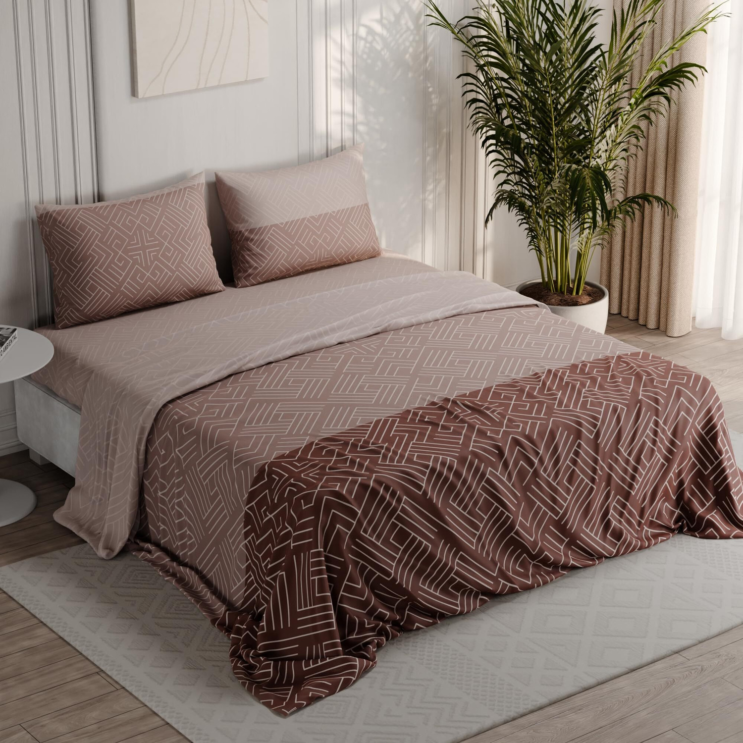 Image of Bunkin Polycotton Double Flat 220 TC 3D Printed 1 Bedsheet with 2 Pillow Covers, 2 Cushion Covers (5 PCS SET CLOSIC ZIGZAG)