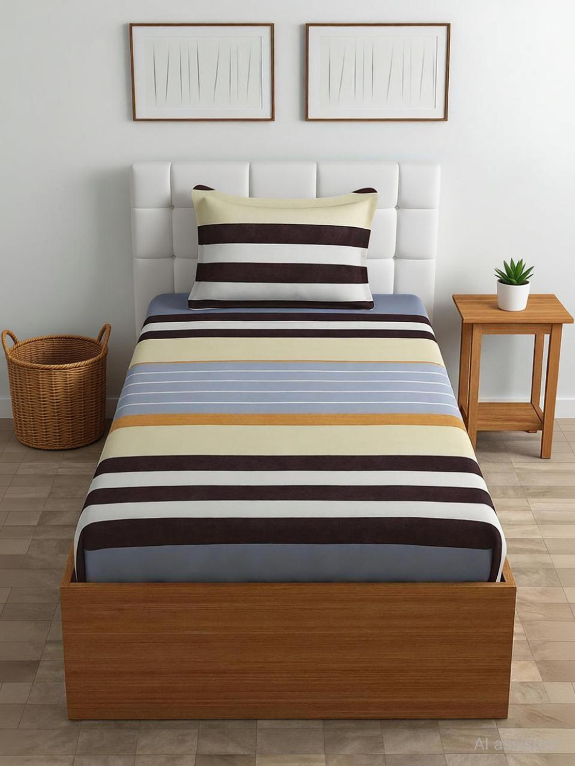 Image of LUMORA NEST Cotton Double Flat 300 TC Printed 1 Bedsheet with 2 Pillow Covers (Blue, Green)
