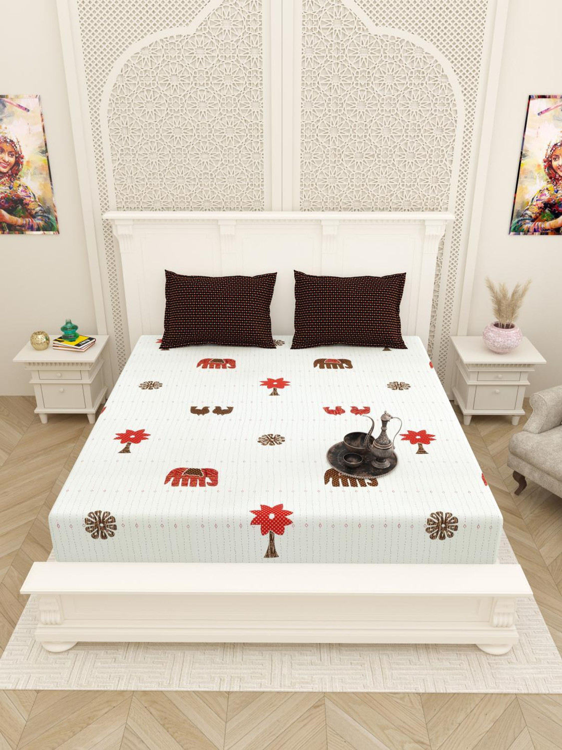 Image of KURRY HOME FURNISHING Cotton Super King Flat 250 TC Printed 1 Bedsheet with 2 Pillow Covers (Purple)