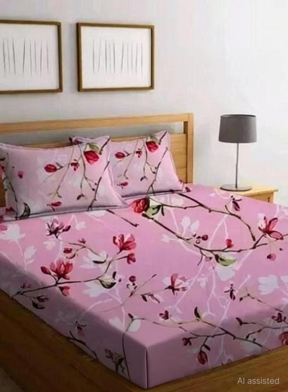 Image of LA MANTTA Cotton Blend King Fitted (Elastic) 250 TC Printed 1 Bedsheet (Pink)