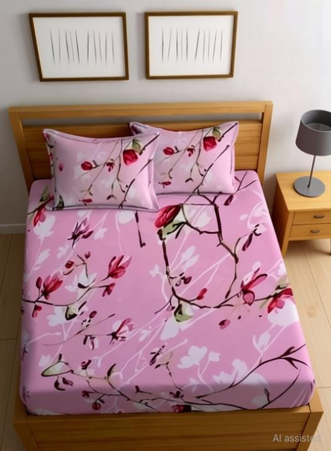 Image of LA MANTTA Cotton Blend King Fitted (Elastic) 250 TC Printed 1 Bedsheet (Pink)