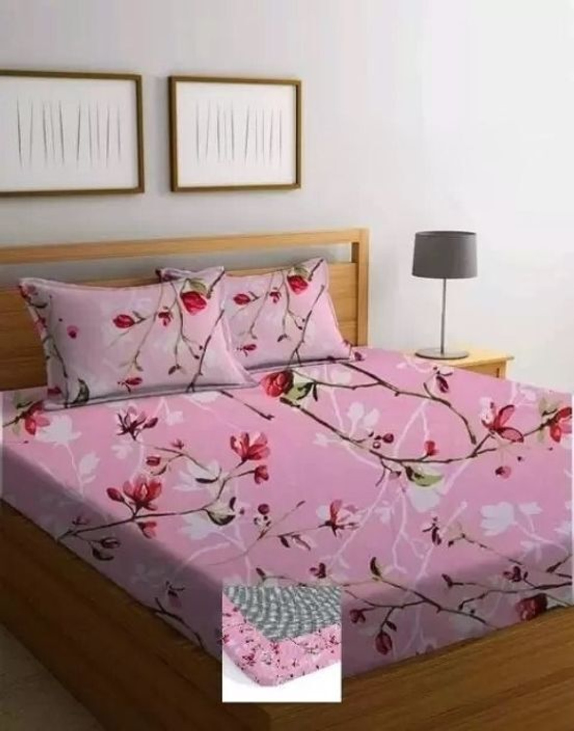 Image of LA MANTTA Cotton Blend King Fitted (Elastic) 250 TC Printed 1 Bedsheet (Pink)