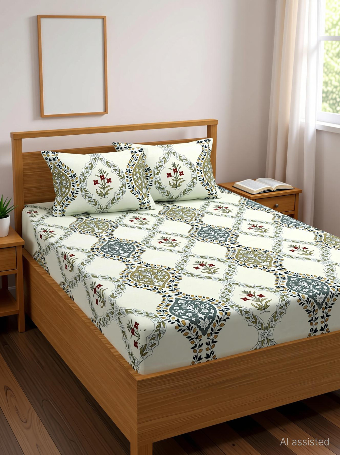 Image of Boomm Enterprises Cotton King Flat 300 TC Printed 1 Summer Bedsheet with 2 Pillow Covers (Multicolor)