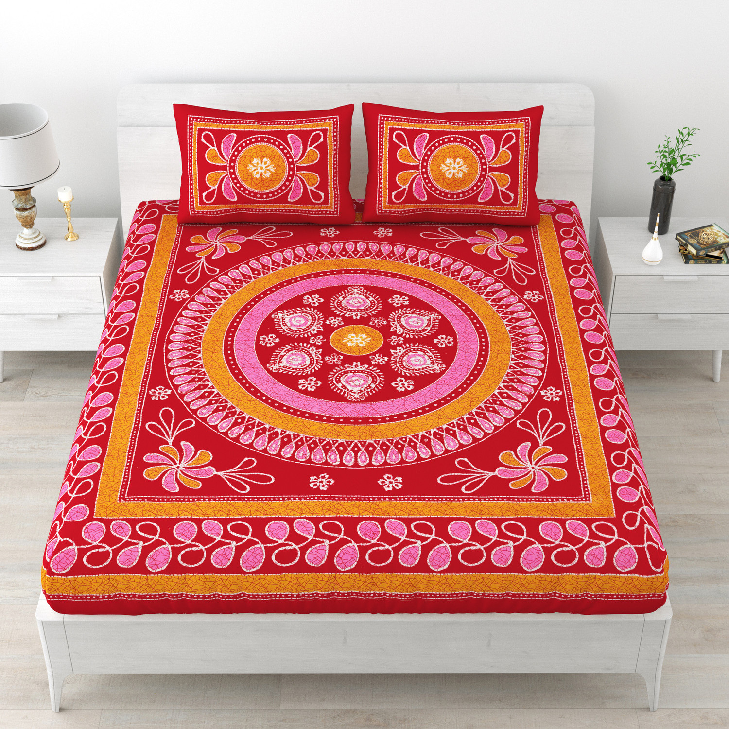 Image of Cosito Cotton Double Flat 144 TC Jaipuri Prints 1 Bedsheet with 2 Pillow Covers (Red)