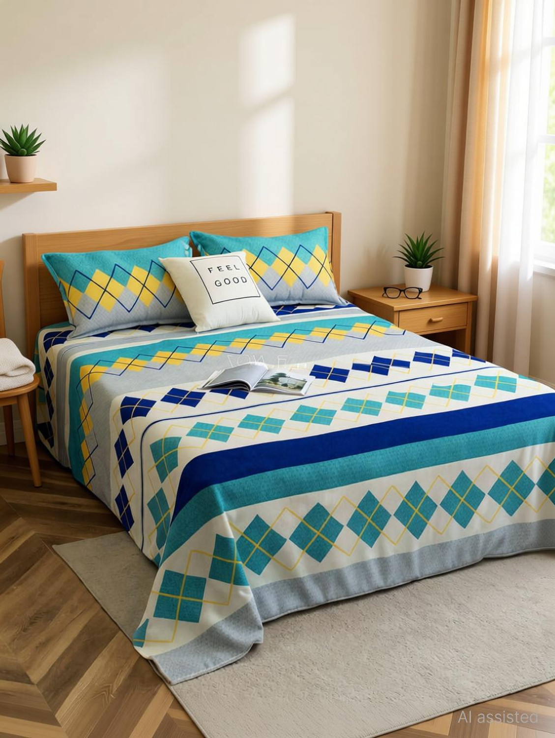 Image of Fabinaliv Polycotton King Flat 300 TC Printed 1 Bedsheet with 2 Pillow Covers (Dark Blue)