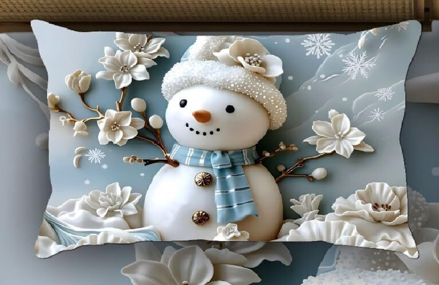 Image of DECORWELL Cotton King Flat 380 TC 3D Printed 1 Bedsheet with 2 Pillow Covers (Multicolor(Snow Man))