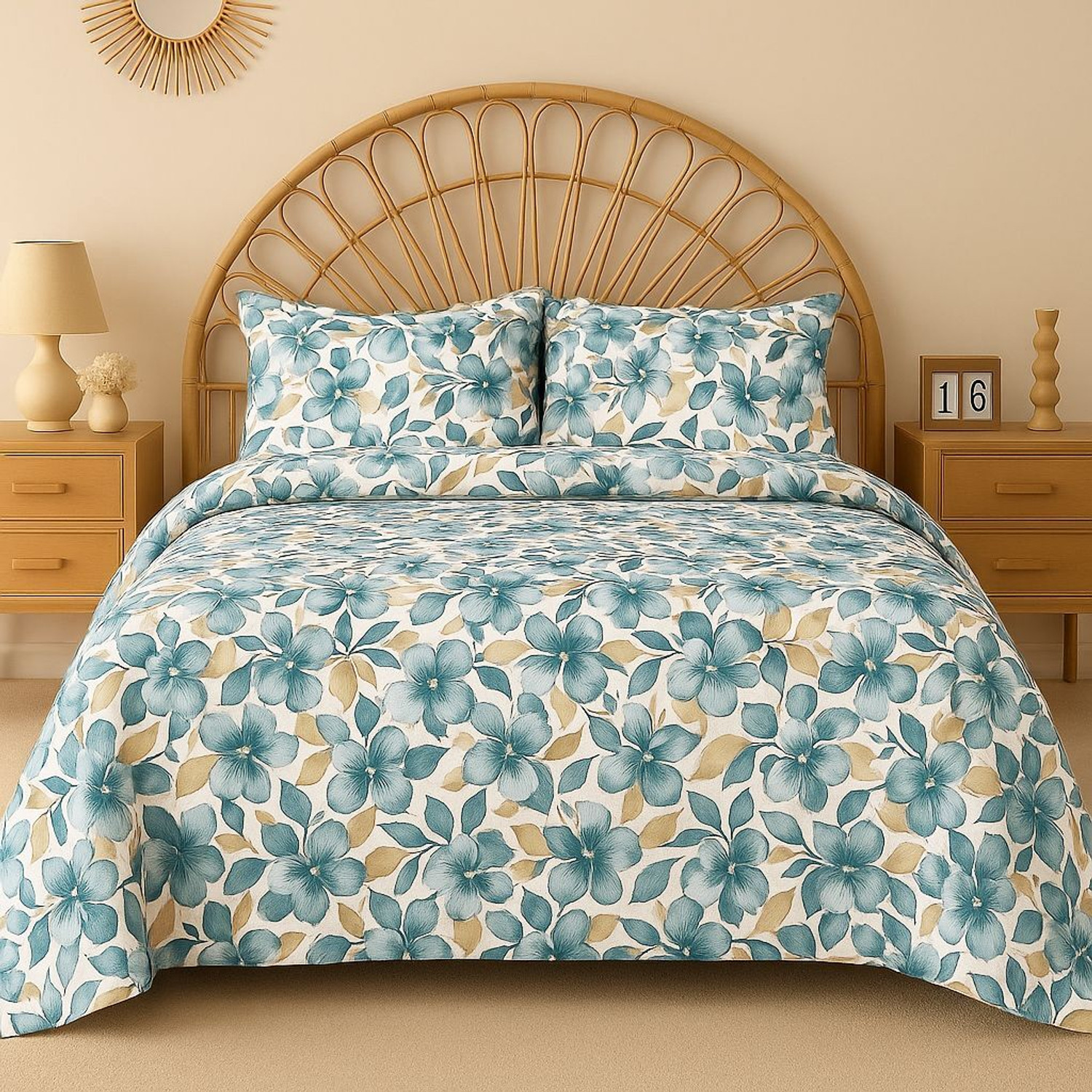 Image of LUMORA NEST Cotton Double Flat 300 TC Printed 1 Bedsheet with 2 Pillow Covers (Blue, Green)