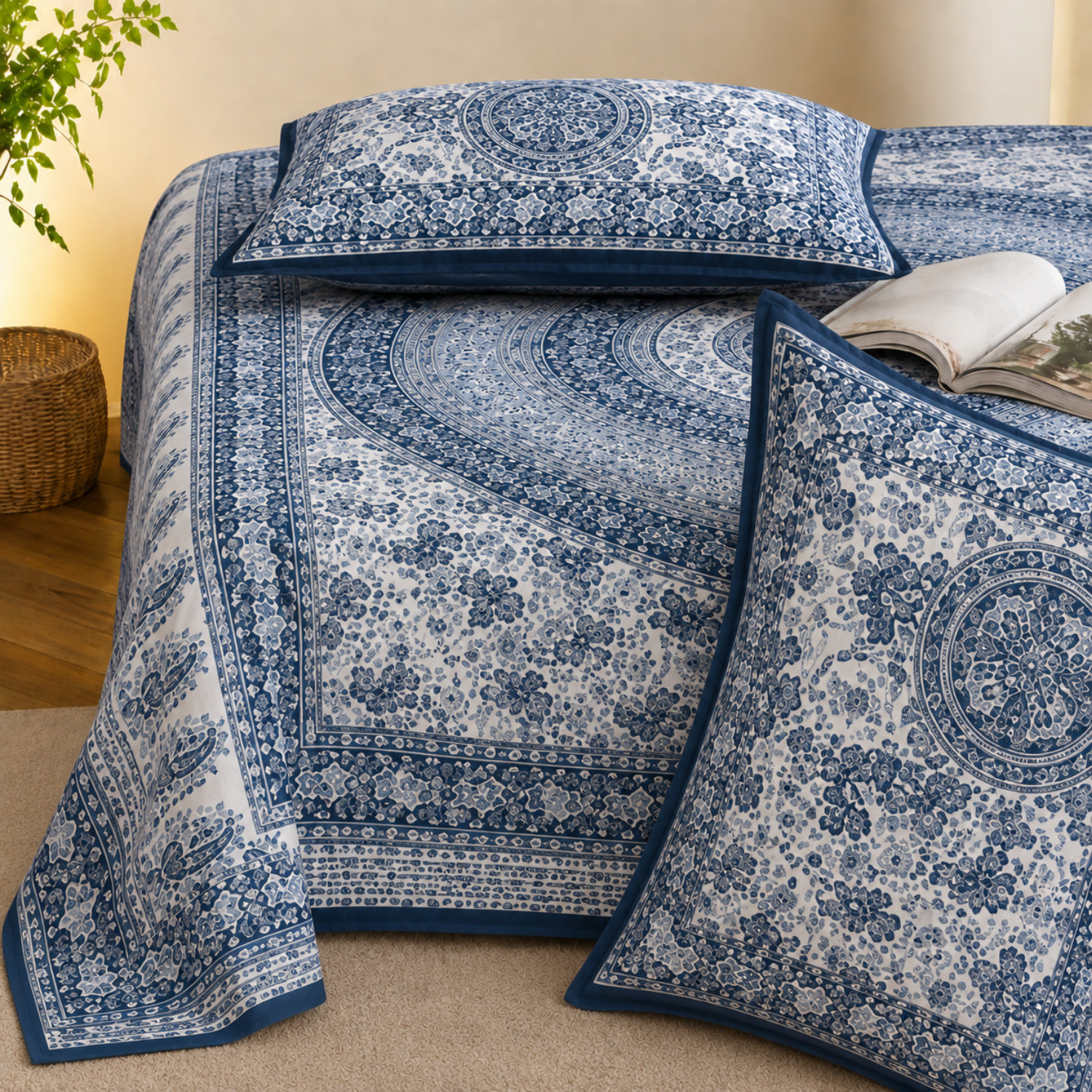 Image of KURRY HOME FURNISHING Microfiber Double Flat 250 TC Floral 1 AC Bedsheet with 2 Pillow Covers, 1 Cushion Covers (Royal Blue)