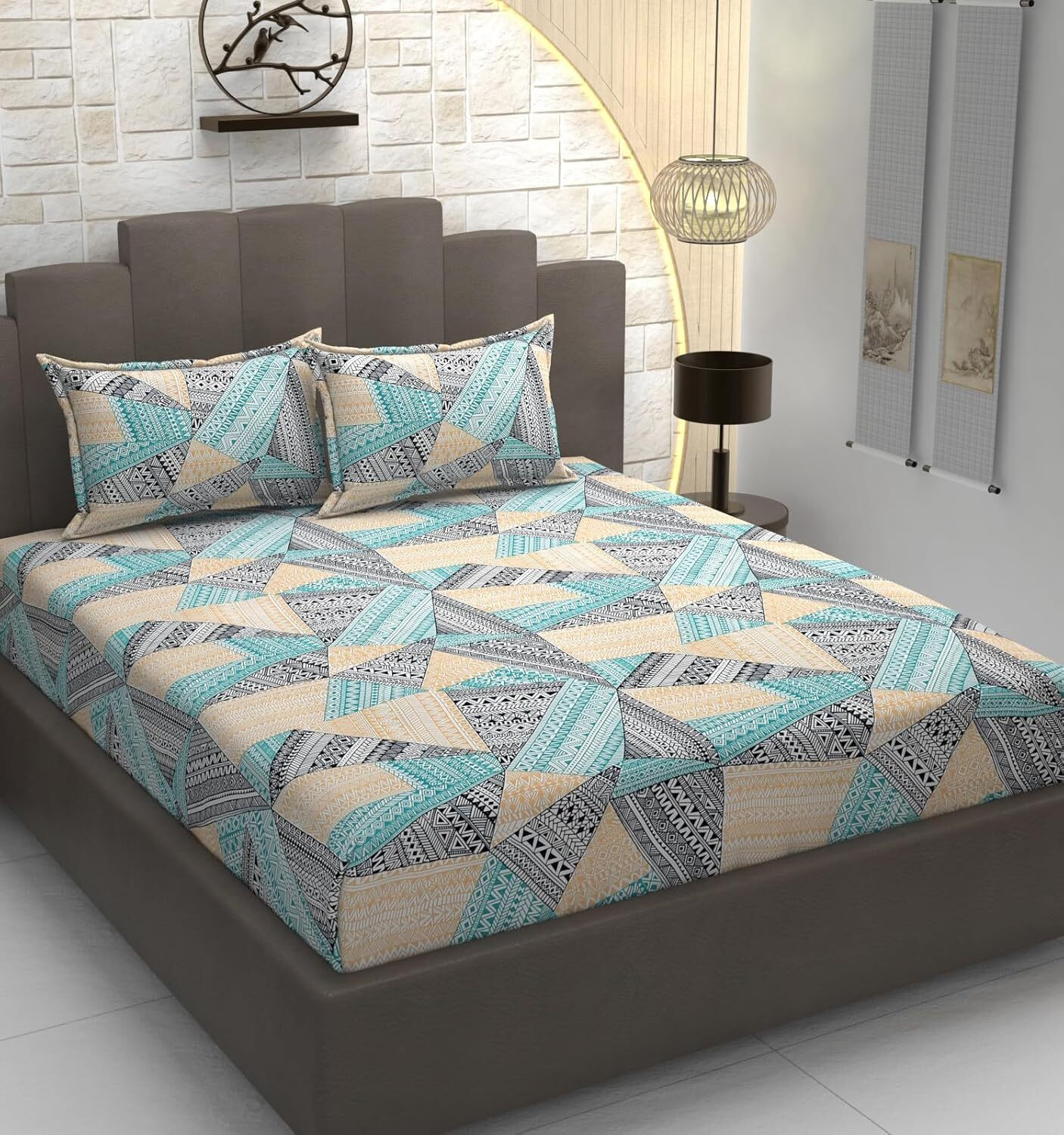 Image of Fabinaliv Polycotton King Flat 300 TC Printed 1 Bedsheet with 2 Pillow Covers (Dark Blue)