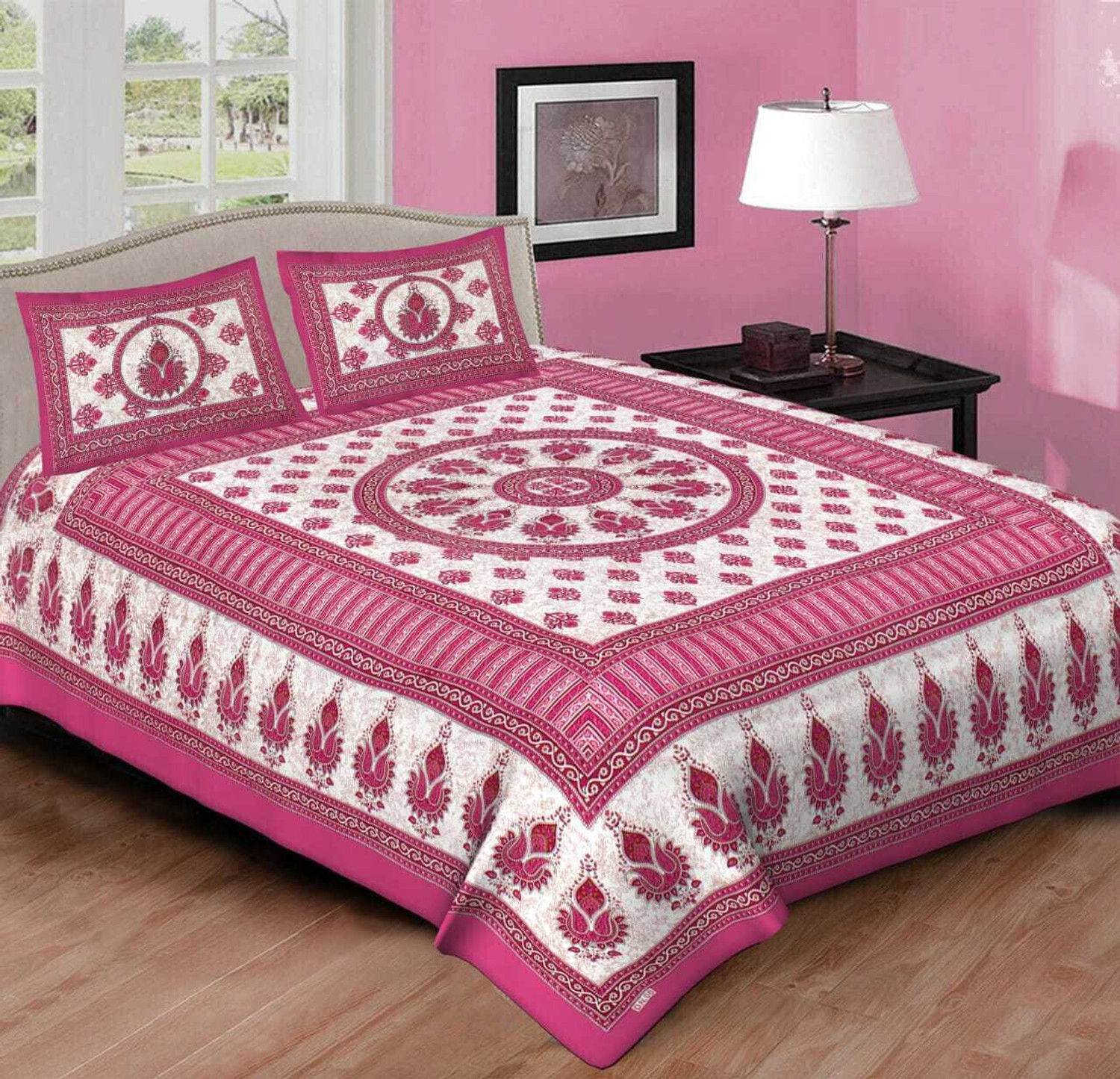 Image of KURRY HOME FURNISHING Microfiber Double Flat 250 TC Floral 1 AC Bedsheet with 2 Pillow Covers, 1 Cushion Covers (Royal Blue)