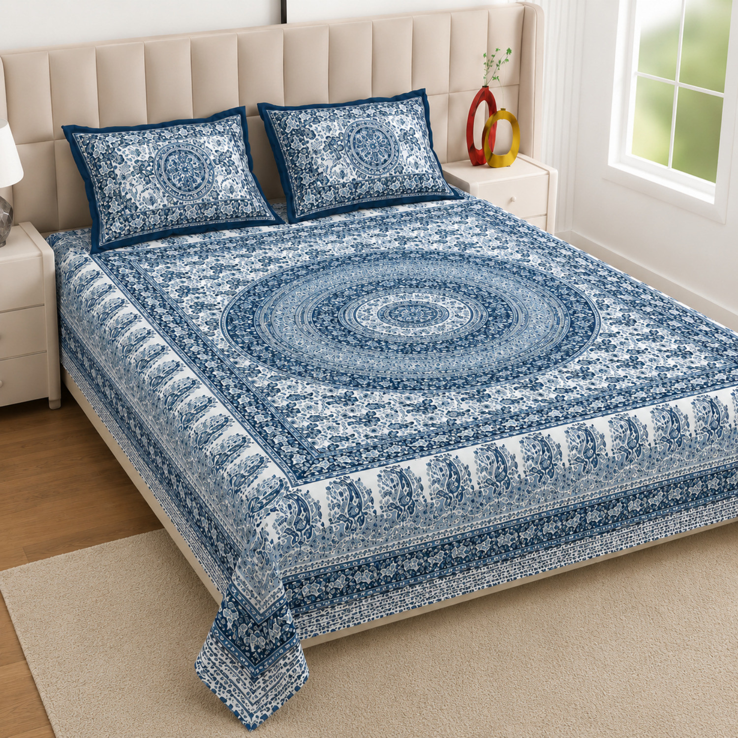 Image of KURRY HOME FURNISHING Microfiber Double Flat 250 TC Floral 1 AC Bedsheet with 2 Pillow Covers, 1 Cushion Covers (Royal Blue)