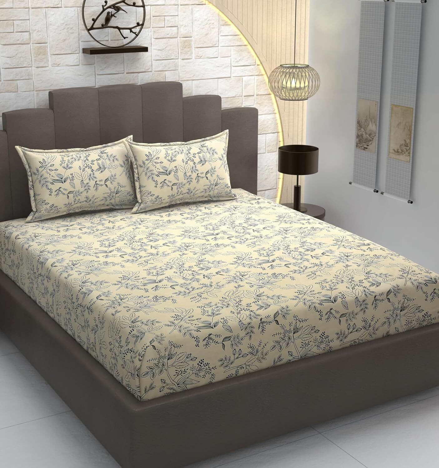 Image of Fabinaliv Polycotton King Flat 300 TC Printed 1 Bedsheet with 2 Pillow Covers (Dark Blue)