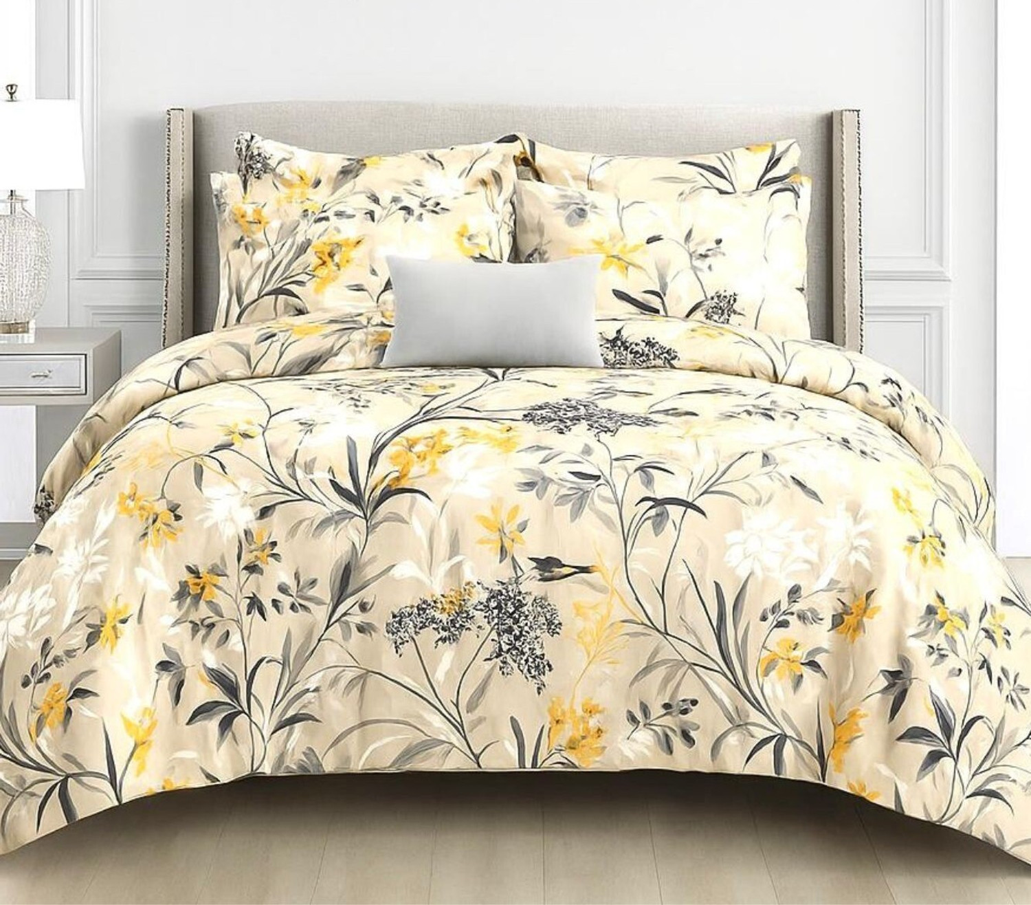 Image of KURRY HOME FURNISHING Microfiber Double Flat 250 TC Floral 1 AC Bedsheet with 2 Pillow Covers, 1 Cushion Covers (Royal Blue)
