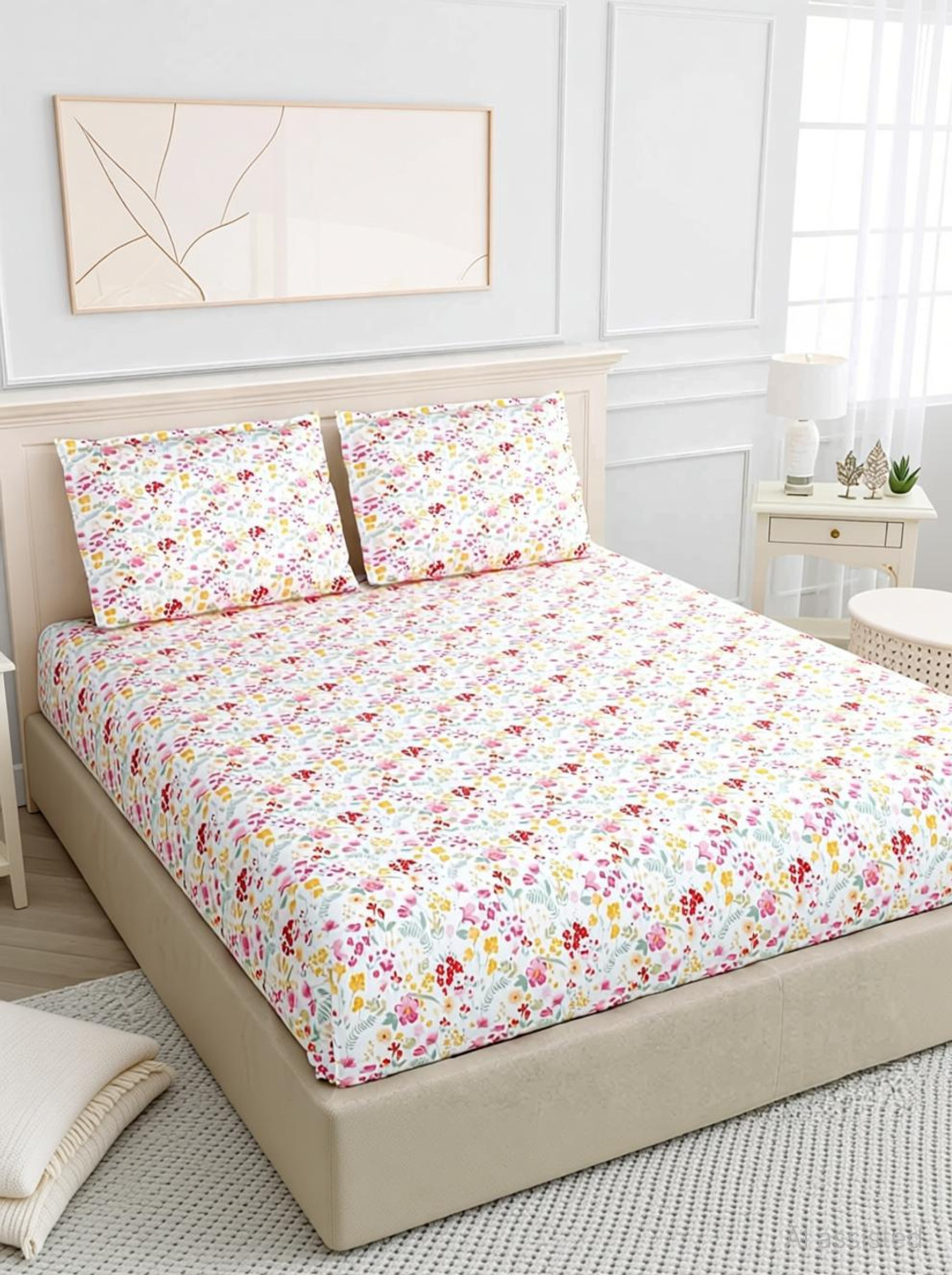 Image of haus & kinder Cotton Double Fitted (Elastic) 144 TC Printed 1 Bedsheet with 2 Pillow Covers (Nordic Palm)