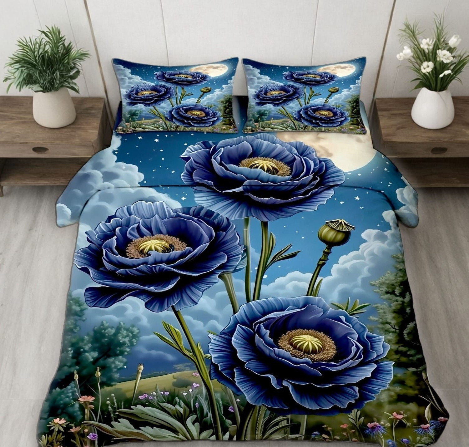 Image of DECORWELL Polycotton Double Fitted (Elastic) 390 TC Floral 1 AC Bedsheet with 2 Pillow Covers (Blue)