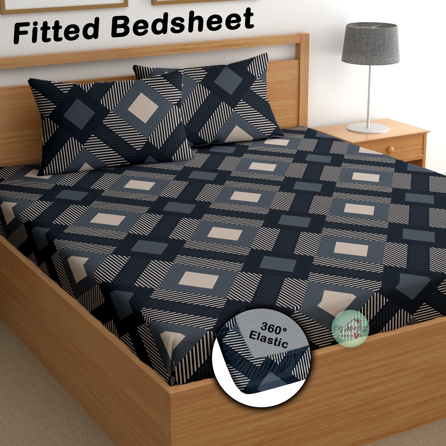 Image of Bunkin Polycotton Double Fitted (Elastic) 280 TC Printed 1 Bedsheet with 2 Pillow Covers (ROUNF CIRCLES)