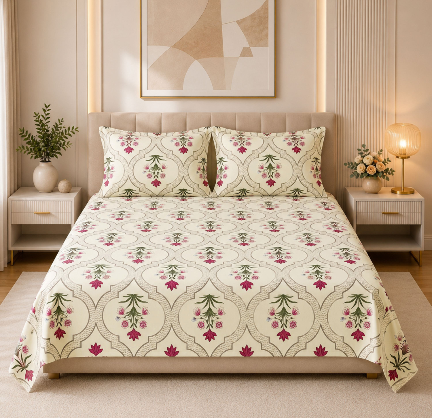 Image of PROZONE Cotton King Flat 280 TC Printed 1 Bedsheet (CREAM BEIGE)