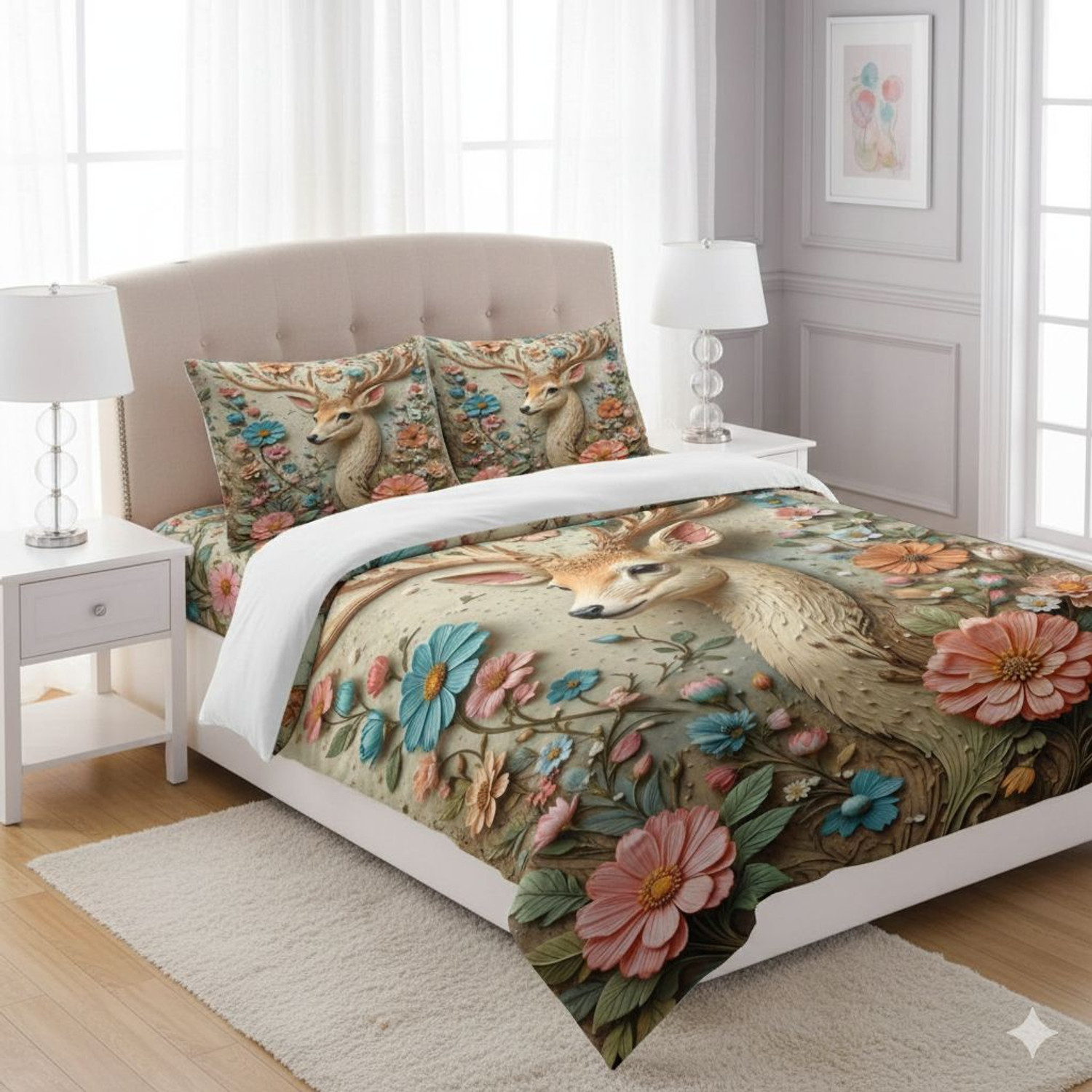 Image of Fabinaliv Polycotton King Flat 300 TC Printed 1 Bedsheet with 2 Pillow Covers (Dark Blue)